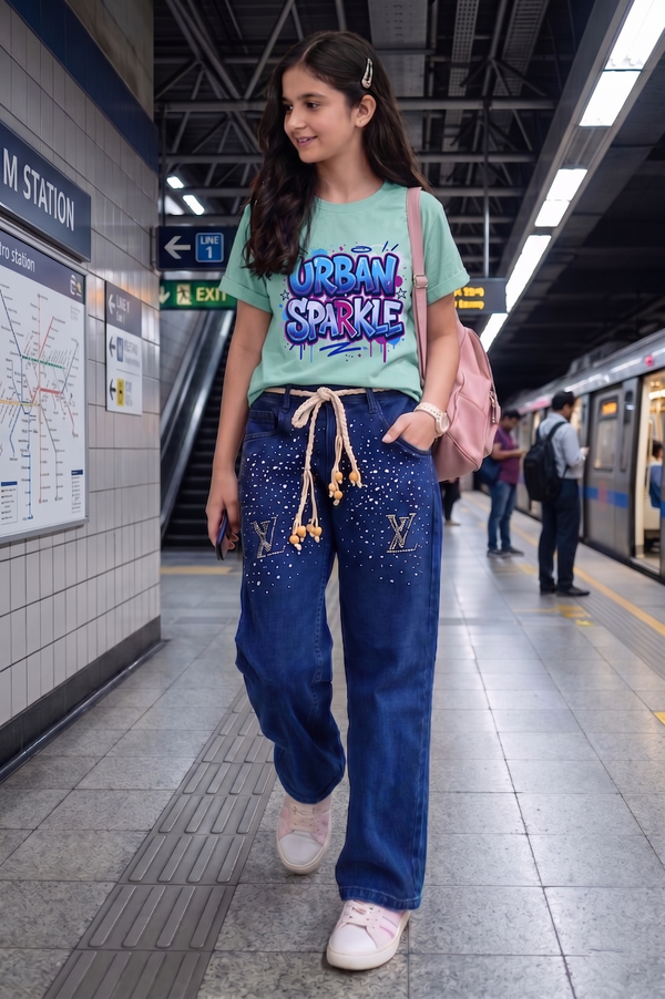 VL Girls Baggy Stoned Denim Pant | Mid Blue & Saga Green Set