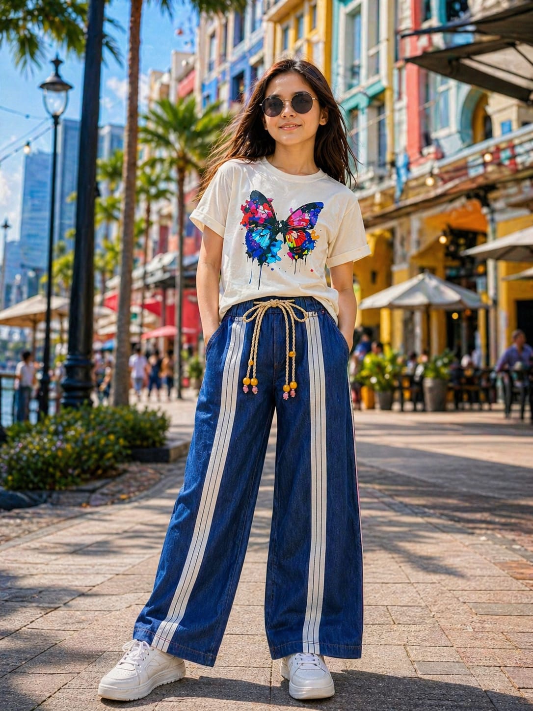 Girls Twill Denim Baggy Pant | Mid Blue & Beige Set Main image