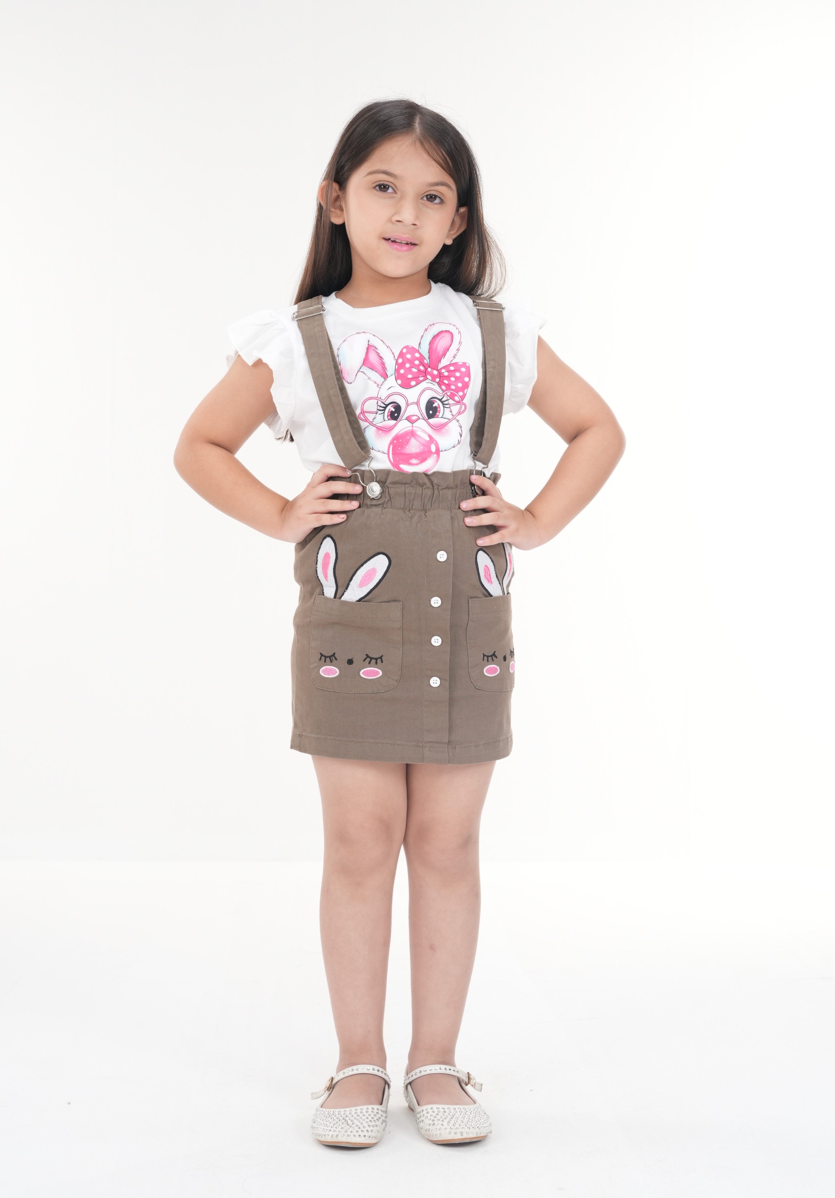 Bunny Love Dress Set – White Top & Khaki Skirt