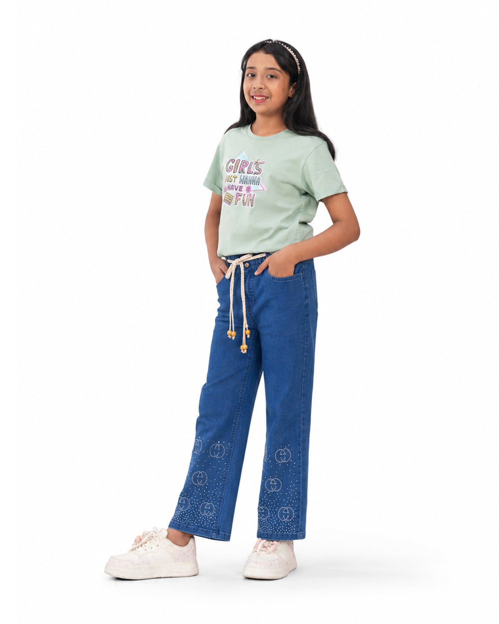 Circle Stoned Denim Baggy | Mid Blue | Free T-Shirt