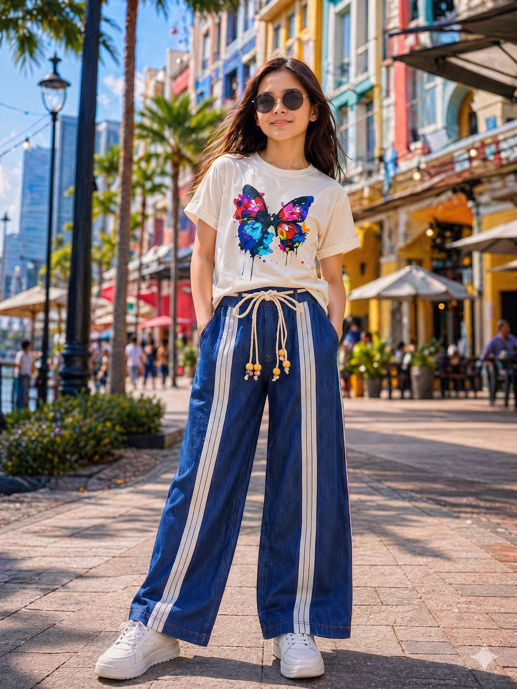 Girls Twill Denim Baggy Pant | Indigo Blue & Saga Green Set