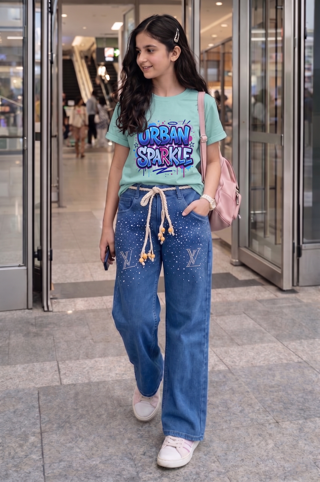 VL Girls Baggy Stoned Denim Pant | Mid Blue & Saga Green Set