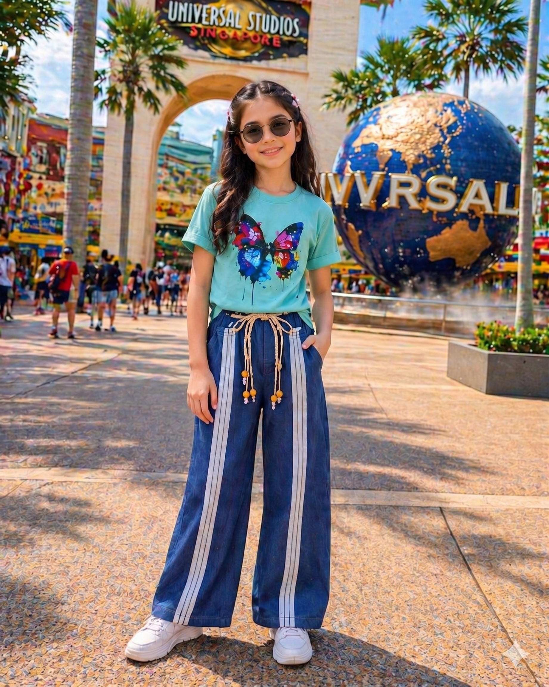 Girls Twill Denim Baggy Pant | Mid Blue & Saga Green Set Main image