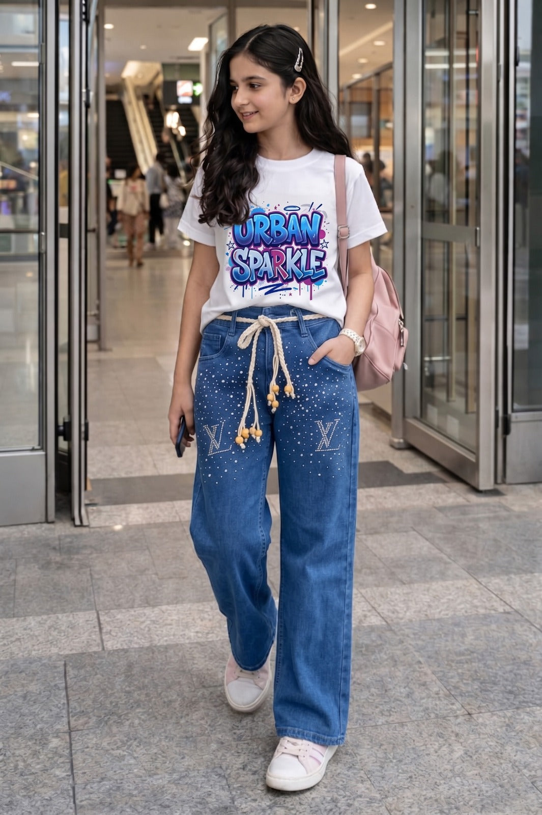 VL Girls Baggy Stoned Denim Pant | Mid Blue & Stone Beige Set Main image