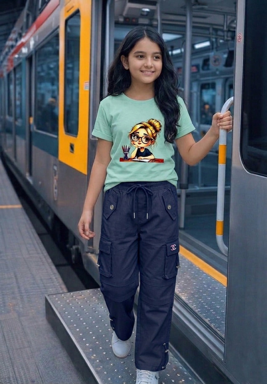 Premium Girls' Twill Baggy Cargo Jogger Pant | Olive & Saga Green