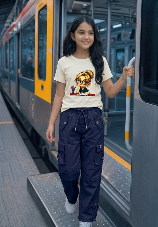 Premium Girls' Twill Baggy Cargo Jogger Pant | Navy & Stone Beige