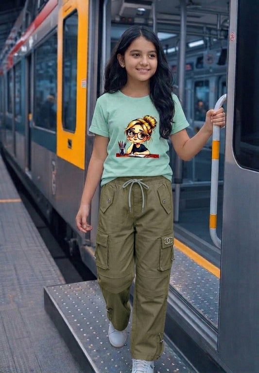 Premium Girls' Twill Baggy Cargo Jogger Pant | Olive & Saga Green
