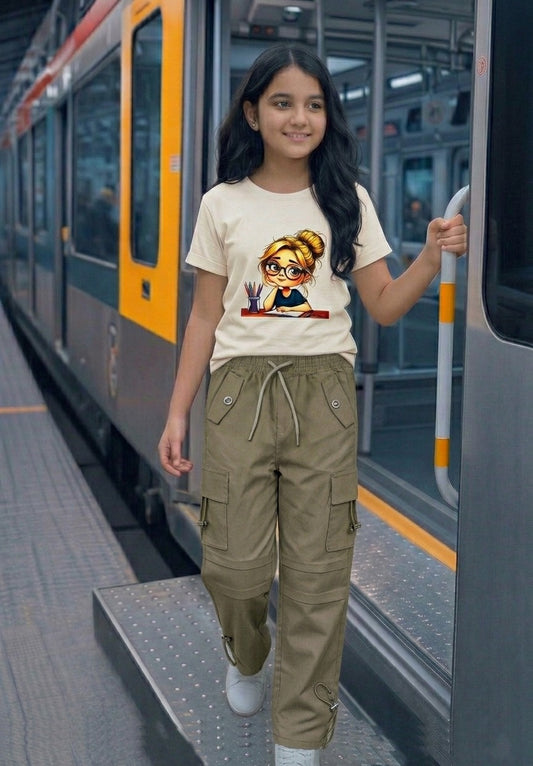 Premium Girls' Twill Baggy Cargo Jogger Pant | Olive & Stone Beige