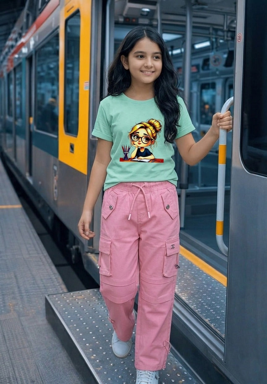Premium Girls' Twill Baggy Cargo Jogger Pant | Navy & Saga Green Secondary image