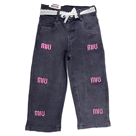 Trendy Girls Denim BAGGY Embroidered Pant | Black