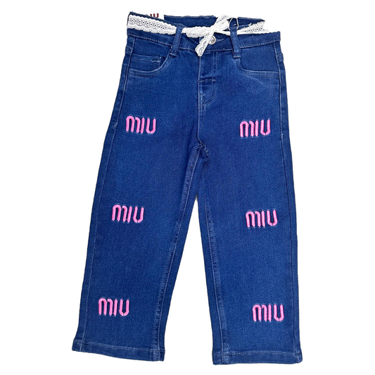 Trendy Girls Denim BAGGY Embroidered Pant | Indigo Blue