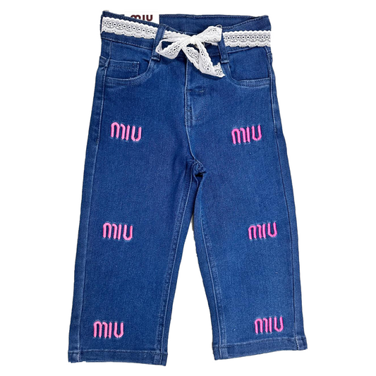 Trendy Girls Denim BAGGY Embroidered Pant | Mid Blue