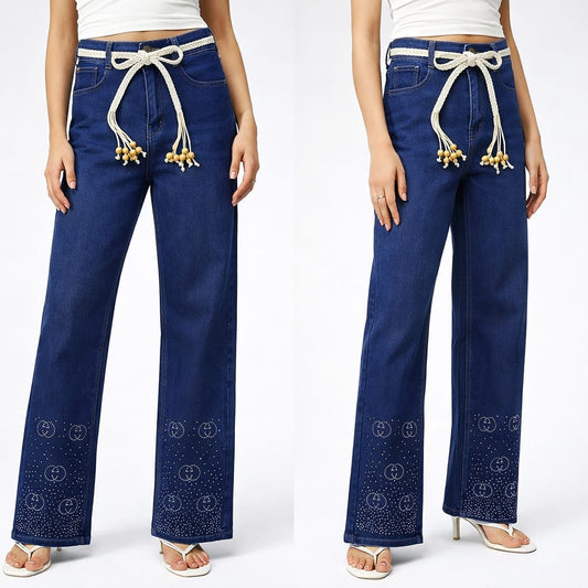 Trendy Girls Stoned BAGGY Pant | Mid Blue