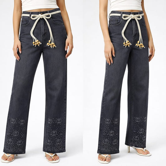 Trendy Girls Stoned BAGGY Pant | Charcoal Grey