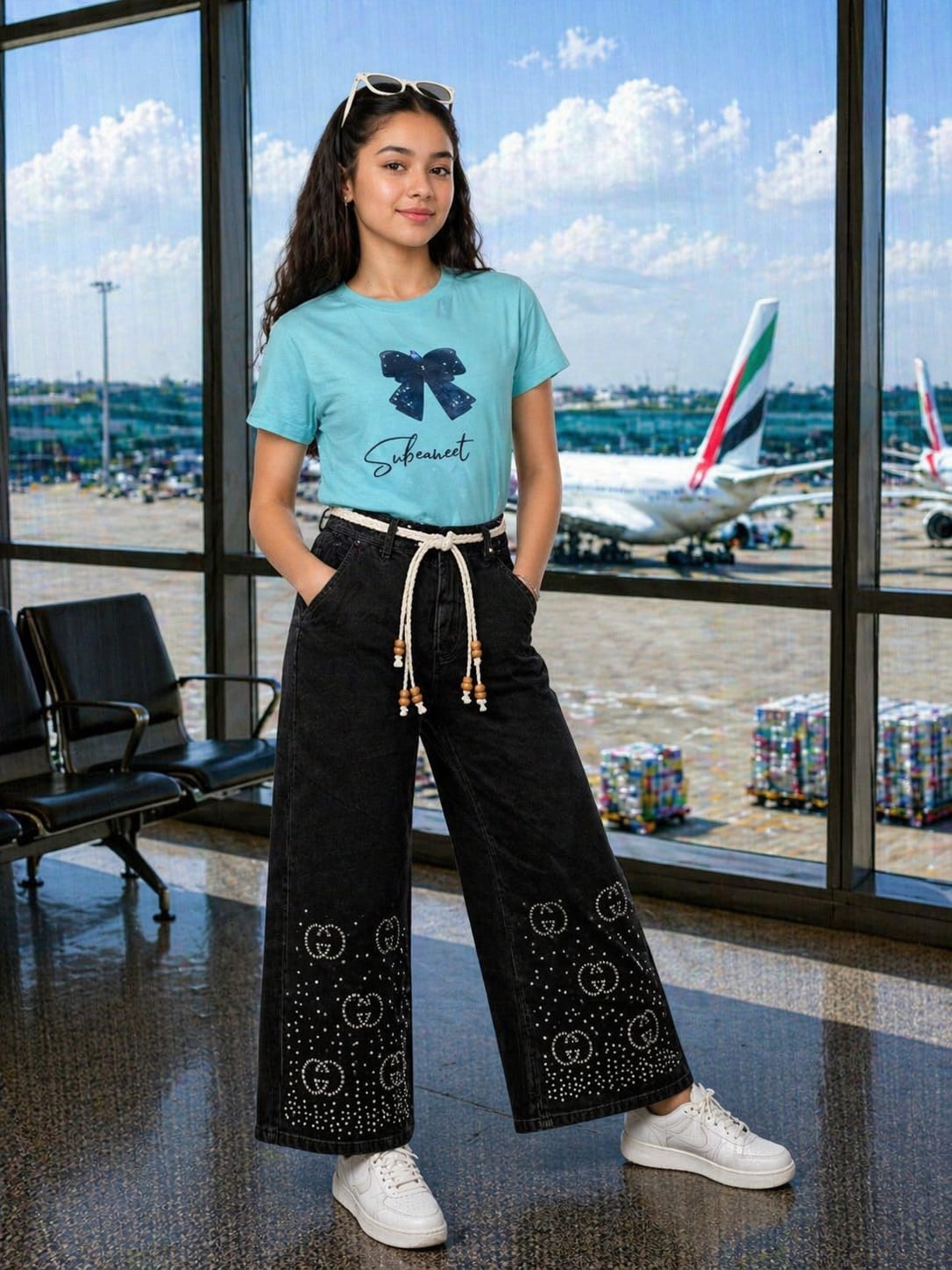 Trendy Girls Stoned BAGGY Pant | Black & Saga Green Set
