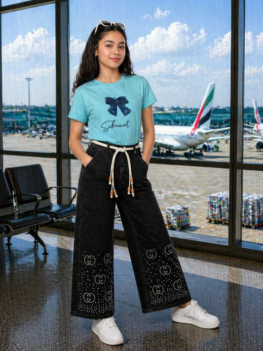 Trendy Girls Stoned BAGGY Pant | Black & Saga Green Set