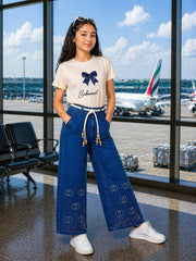 Trendy Girls Stoned BAGGY Pant | Black & Stone Beige Set