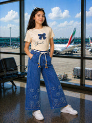 Trendy Girls Stoned BAGGY Pant | Black & Stone Beige Set