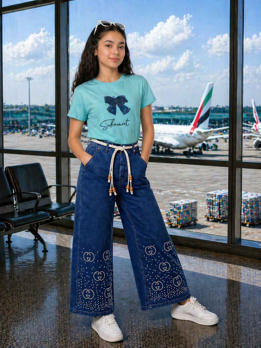 Trendy Girls Stoned BAGGY Pant | Mid Blue & Saga Green Set Secondary image