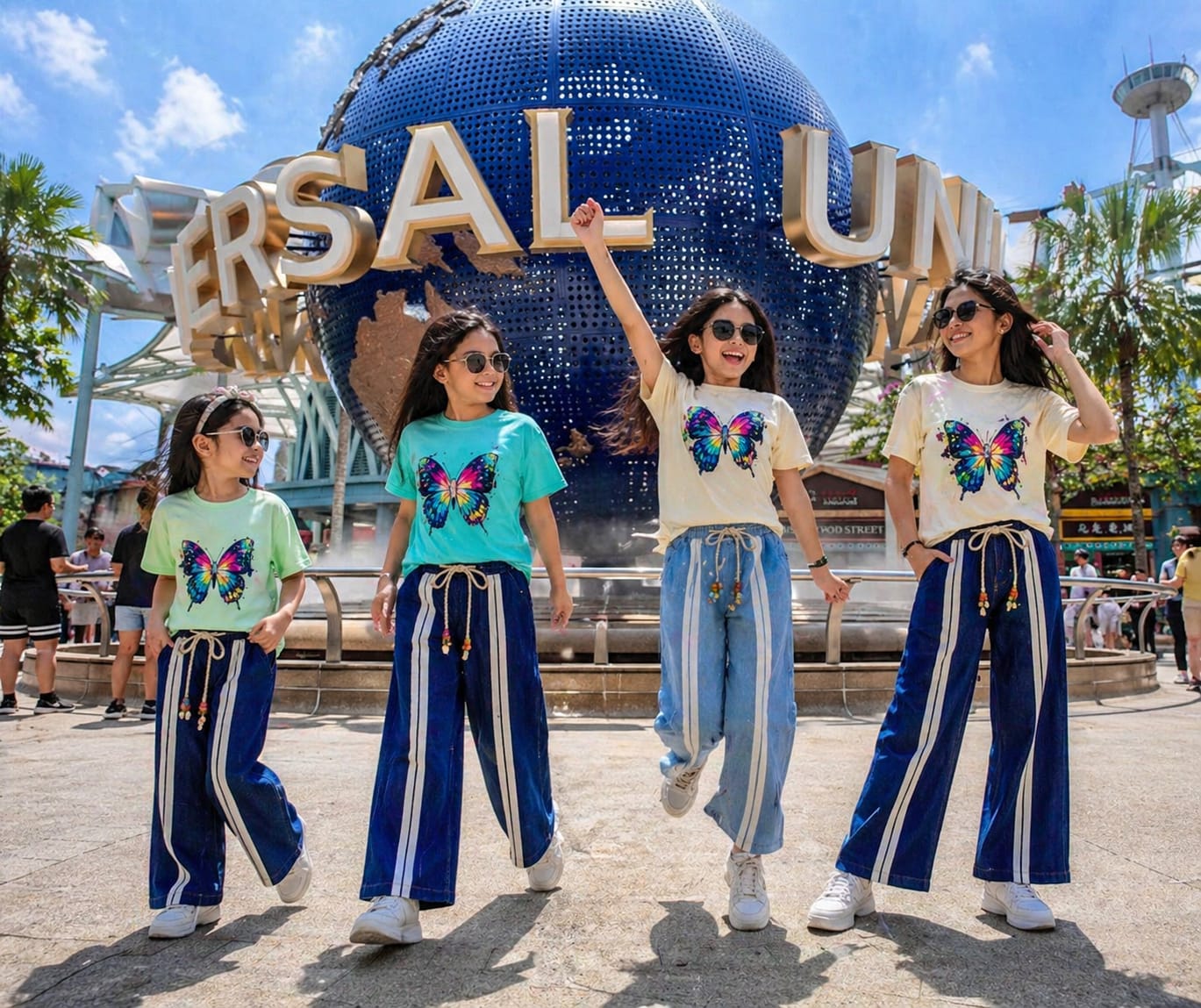 Girls Twill Denim Baggy Pant | Mid Blue & Beige Set Secondary image