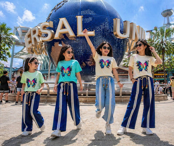 Girls Twill Denim Baggy Pant | Indigo Blue & Saga Green Set