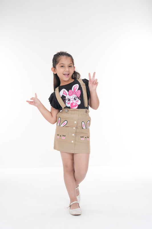 Bunny Love Dress Set – Black Top & Light Beige Skirt