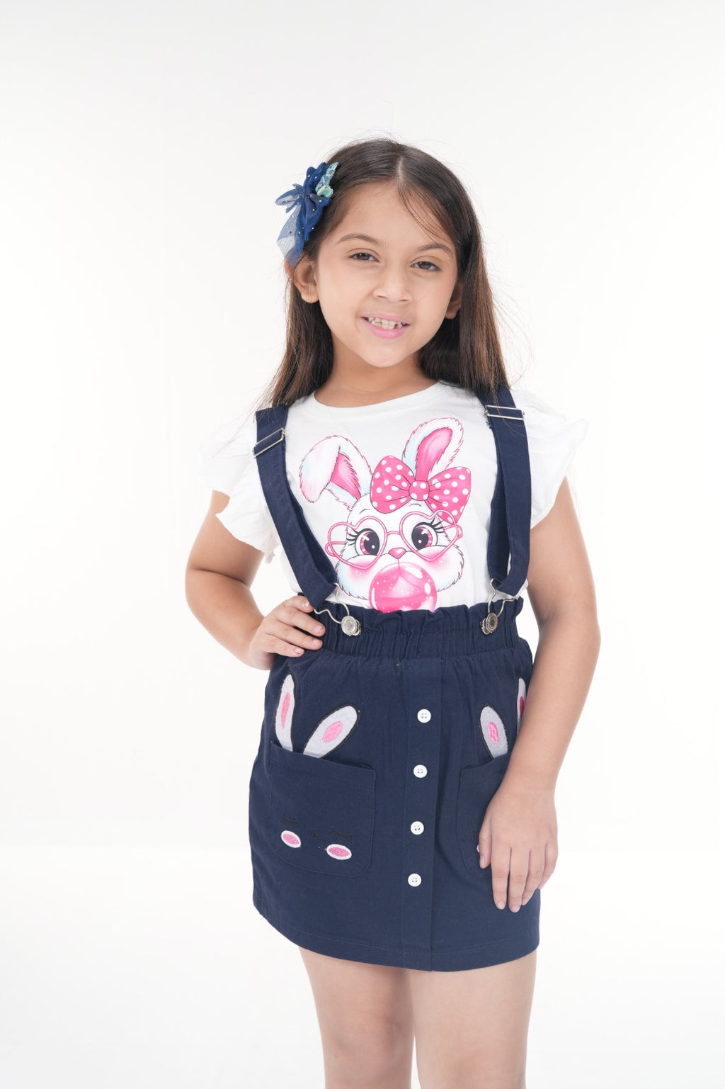 Bunny Love Dress Set – White Top & Navy Skirt