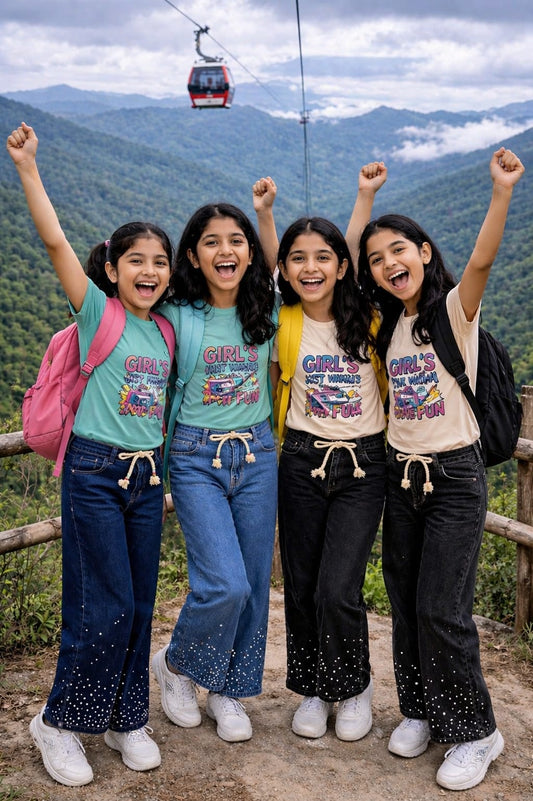 Girls Baggy Jeans with Rain Stone | Mid Blue & Stone Beige Set