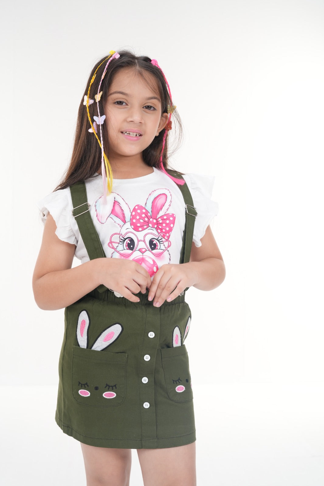 Bunny Love Dress Set – White Top & Dark Olive Skirt Main image