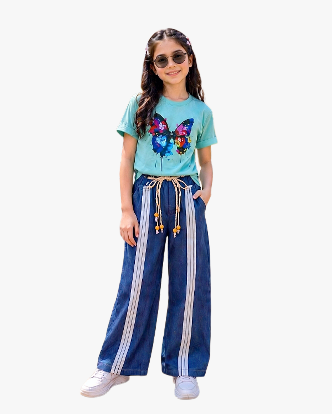 Girls Twill Denim Baggy Pant | Mid Blue & Saga Green Set