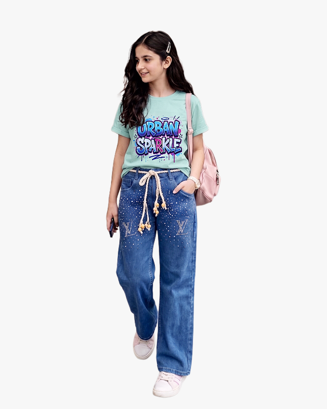 VL Girls Baggy Stoned Denim Pant | Mid Blue & Saga Green Set Main image