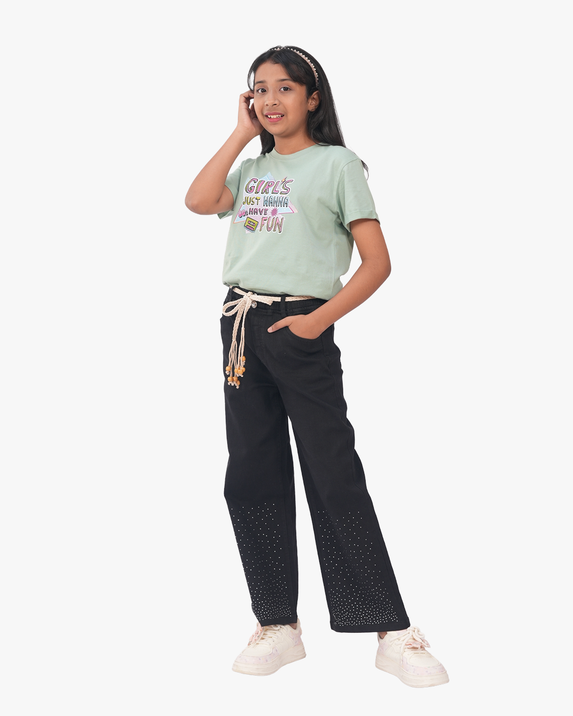 Girls Baggy Jeans with Rain Stone | Black & Saga Green Set