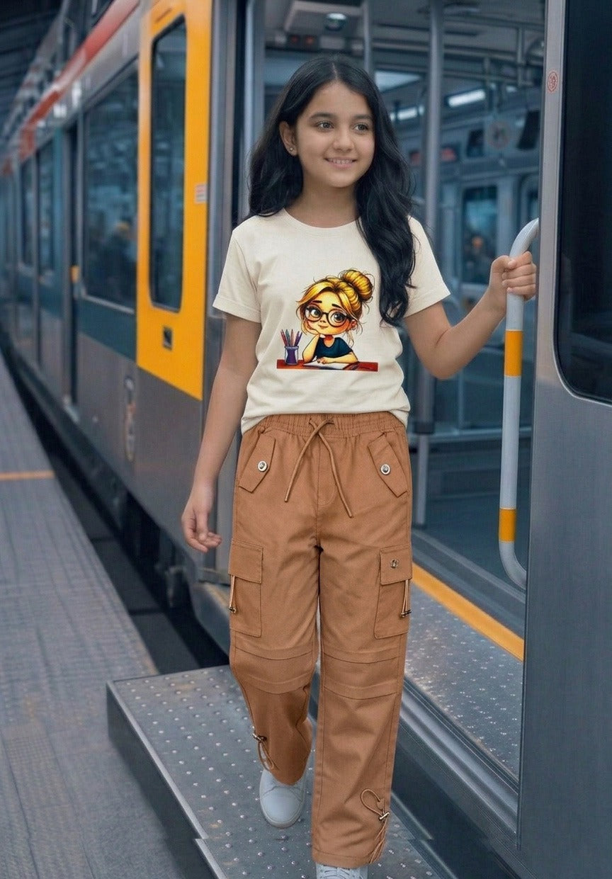 Premium Girls' Twill Baggy Cargo Jogger Pant | Beige & Stone Beige