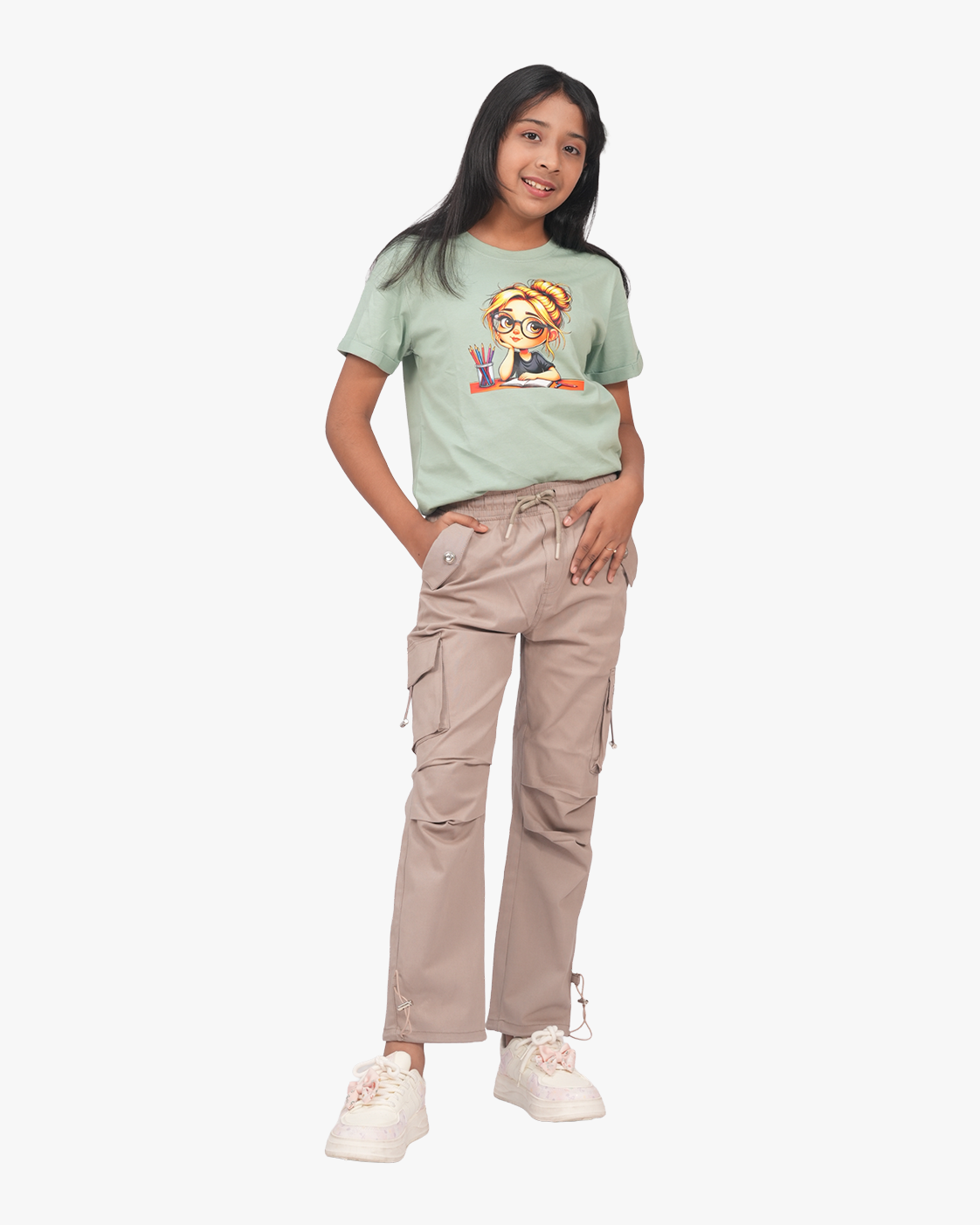 Beige & Saga Green Girls' Twill Baggy Cargo set