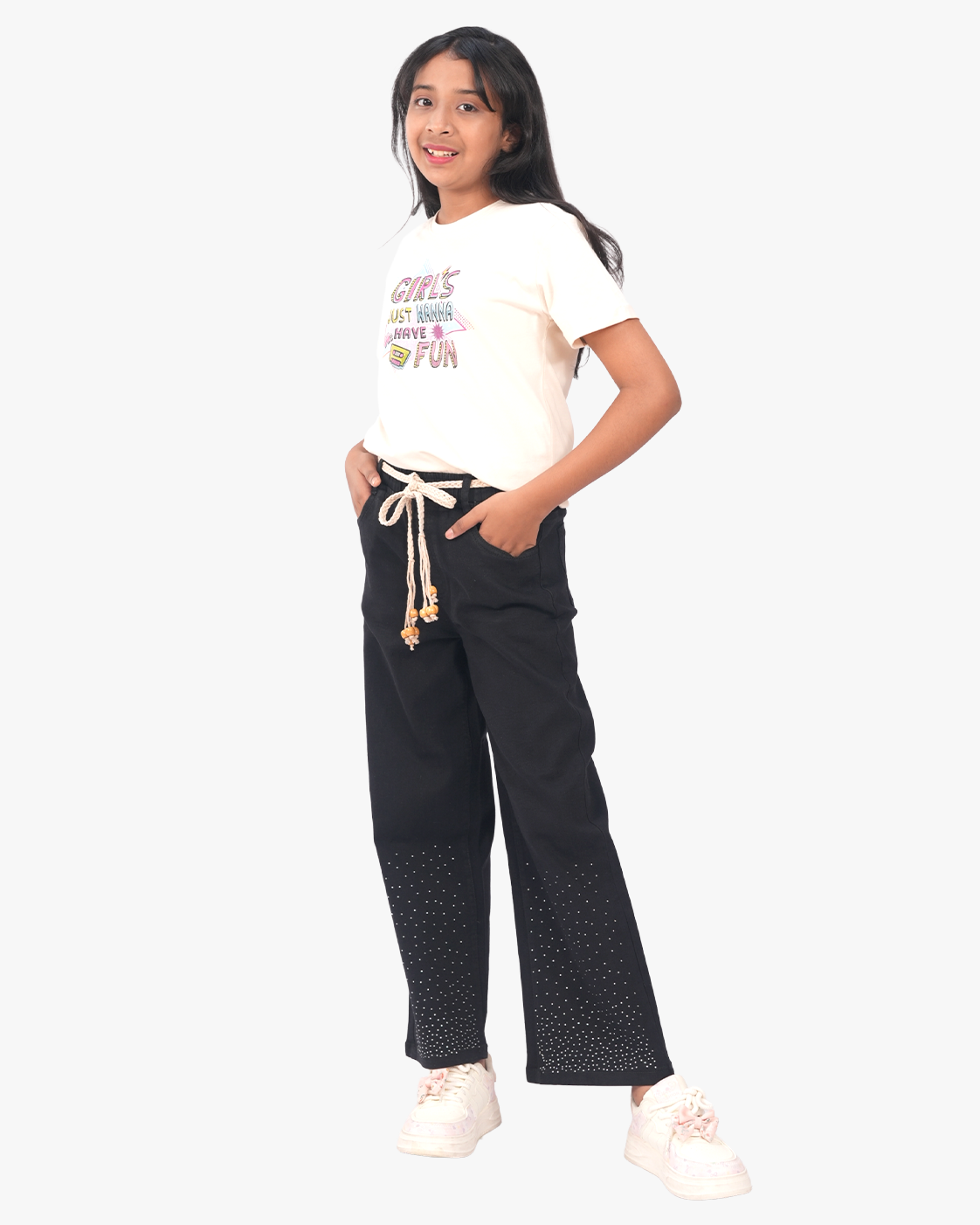 Girls Baggy Jeans with Rain Stone | Charcoal Grey & Stone Beige Set Main image