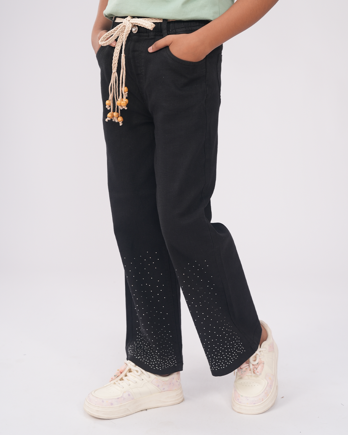 Girls Baggy Jeans with Rain Stone | Charcoal Grey & Stone Beige Set Secondary image