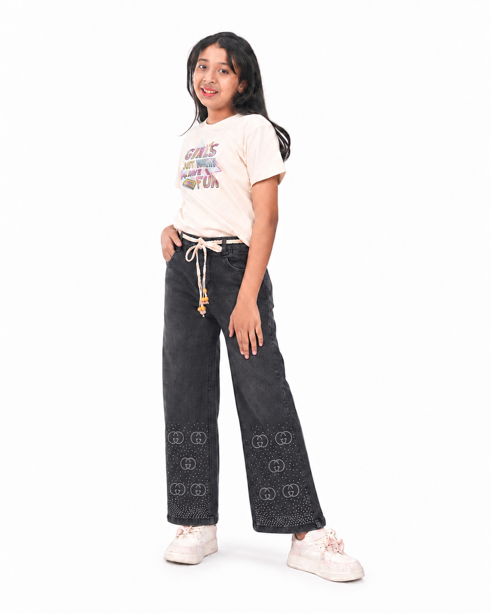 Circle Stoned Denim Baggy | Grey | Free T-Shirt