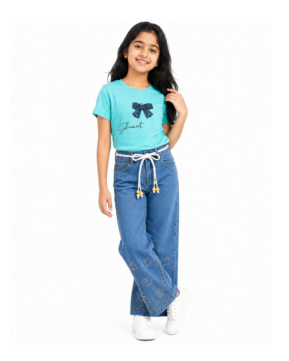 Circle Stoned Midblue & SagaGreen Denim Baggy Set