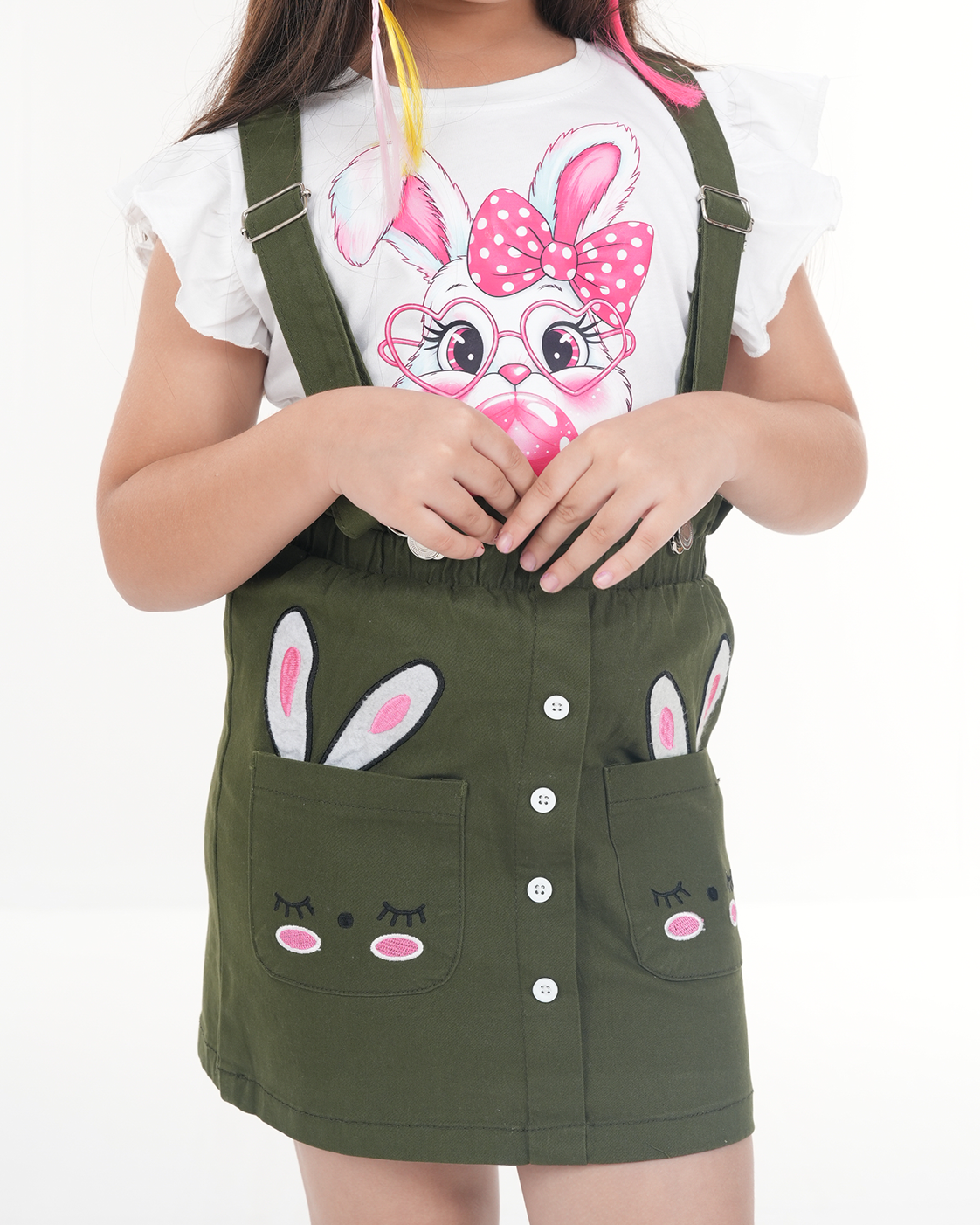 Meadow Bunny Suspender Skirt Set (Olive+White) Secondary image
