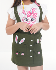 Meadow Bunny Suspender Skirt Set (Olive+White)