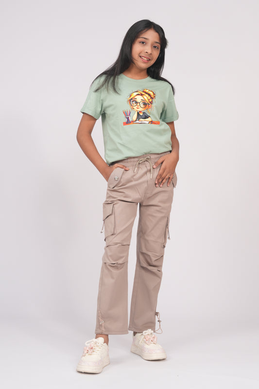 Premium Girls' Twill Baggy Cargo Jogger Pant | Grey & Saga Green