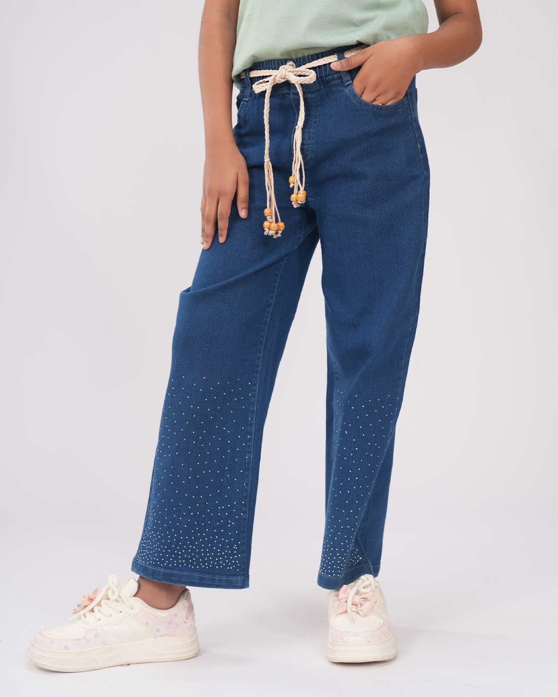 Girls Baggy Jeans with Rain Stone | Indigo Blue & Saga Green Set