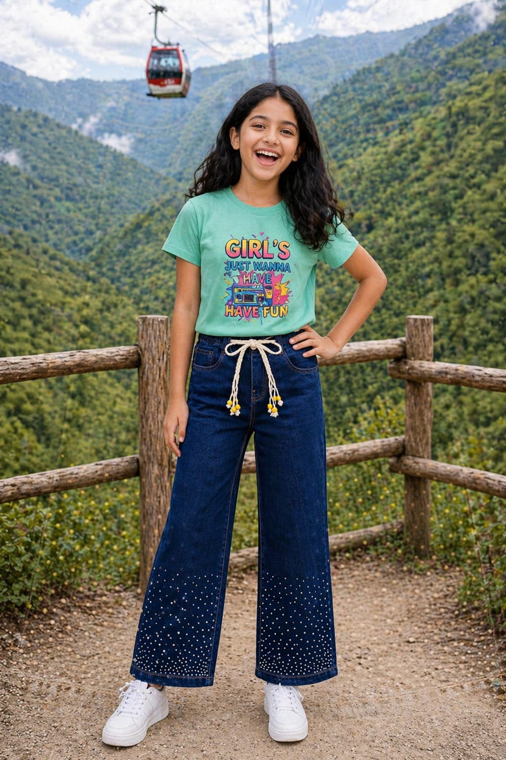 Girls Baggy Jeans with Rain Stone | Black & Saga Green Set
