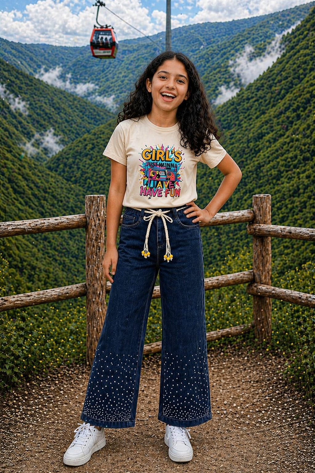 Girls Baggy Jeans with Rain Stone | Indigo & Stone Beige Set Main image