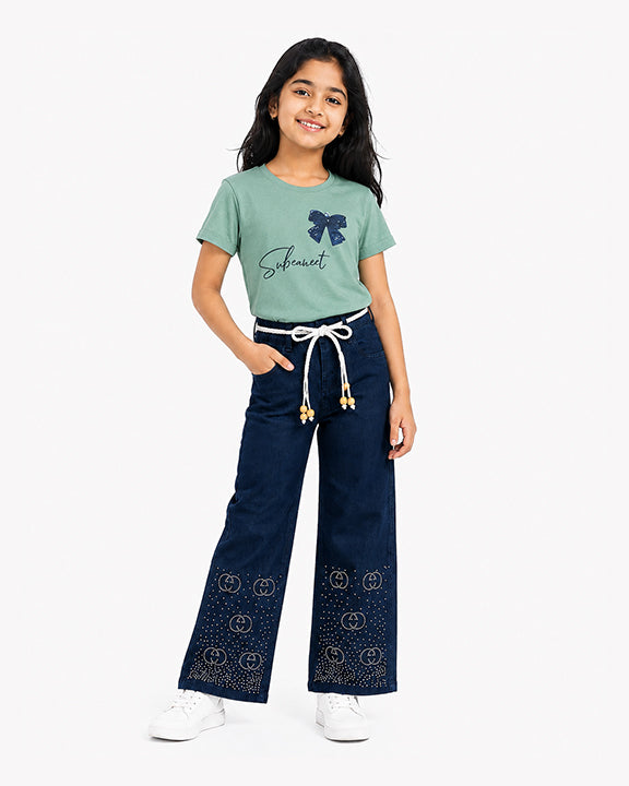 Circle Stoned Denim Baggy Pant | Indigo Blue