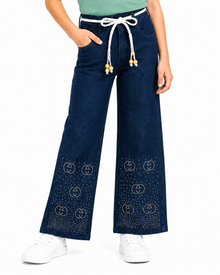 Circle Stoned Denim Baggy Pant | Indigo Blue