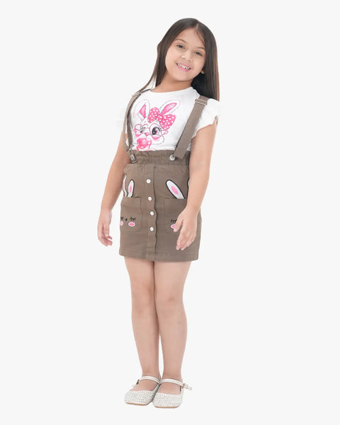 Forest Bunny Suspender Skirt Set (Deep Olive+White)