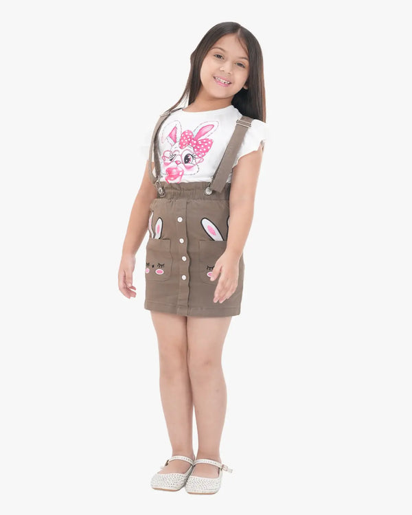 Forest Bunny Suspender Skirt Set (Deep Olive+White)