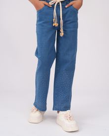 Girls Baggy Jeans with Rain Stone | Mid Blue & Saga Green Set
