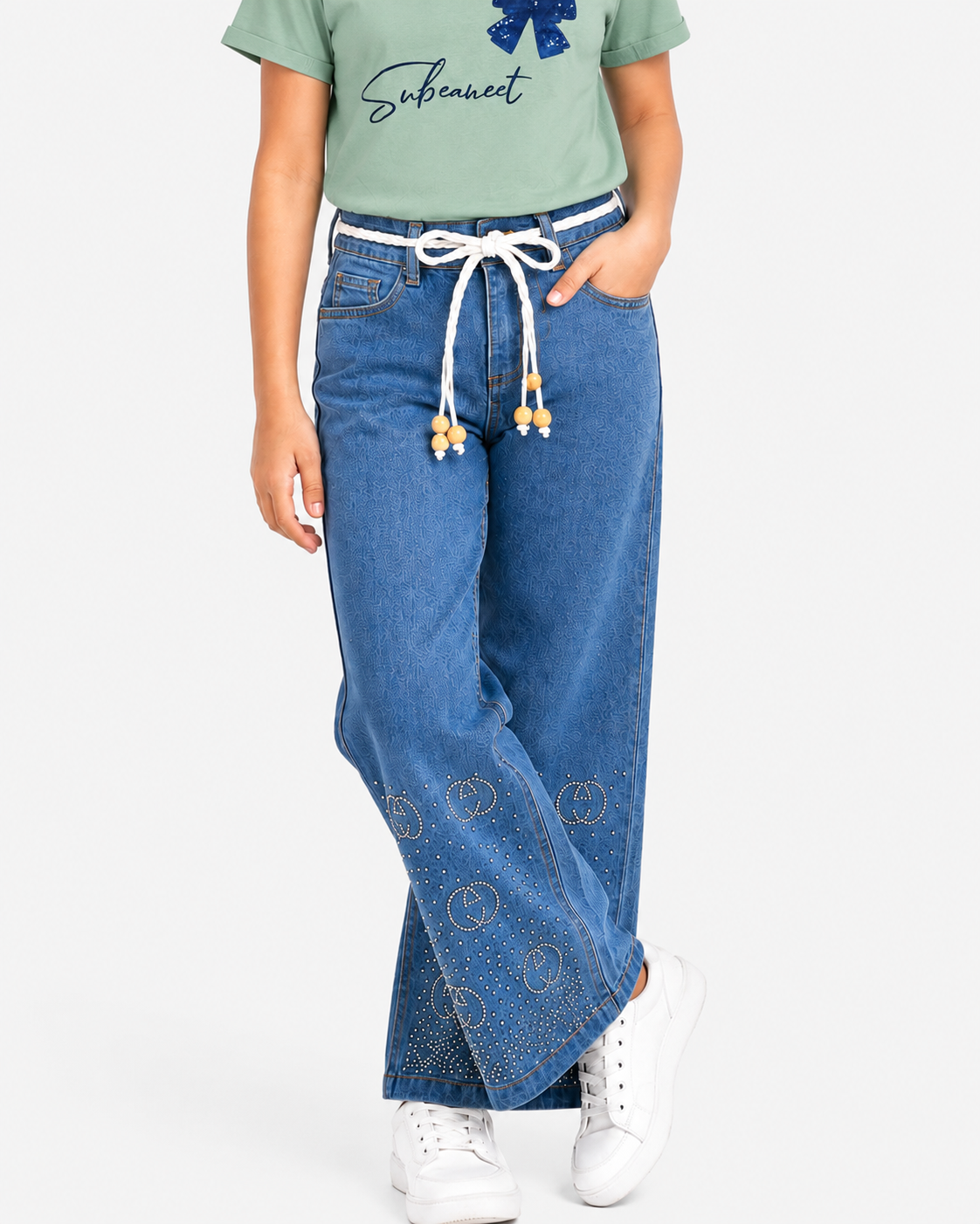 Circle Stoned Denim Baggy Pant | Mid Blue